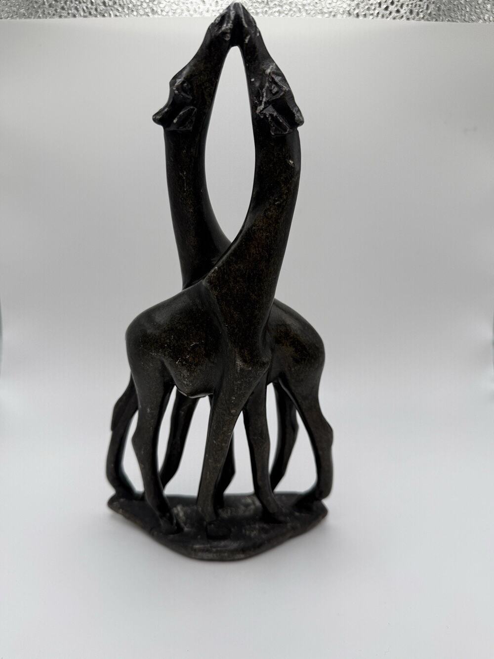 Kissing Giraffe Pair in Brown Serpentine Stone African Shona Art Scupture 10”H